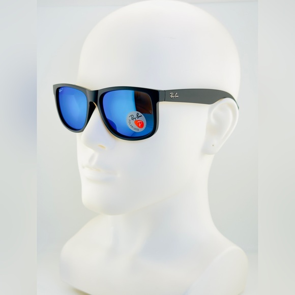 Ray-Ban Justin Sunglasses RB4165 Matte Rubber Black Frame Blue Mirror Lenses - Picture 2 of 15